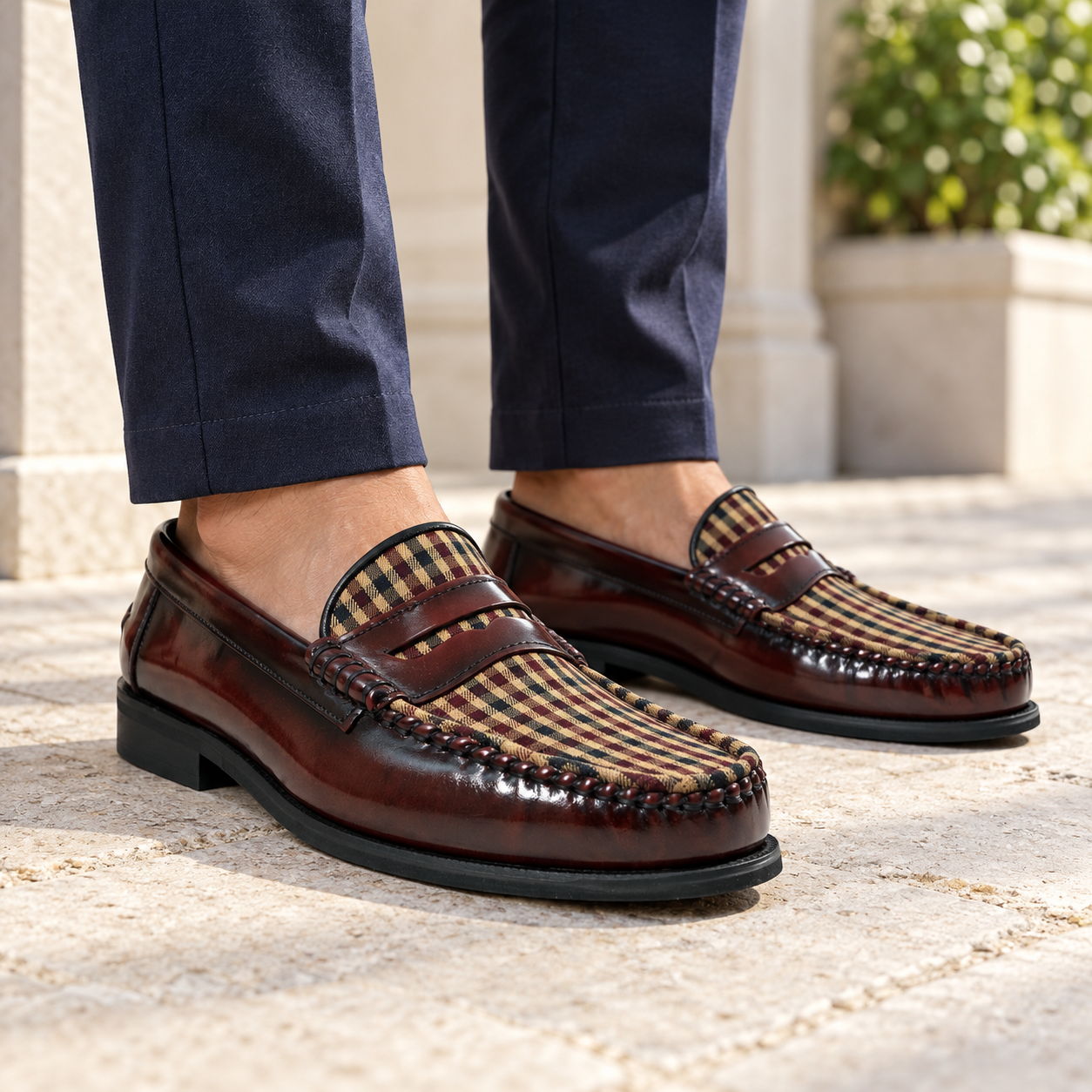 Dakotas Hugh Hi-Shine Moccasins – Burgundy Check Detail - Image 2