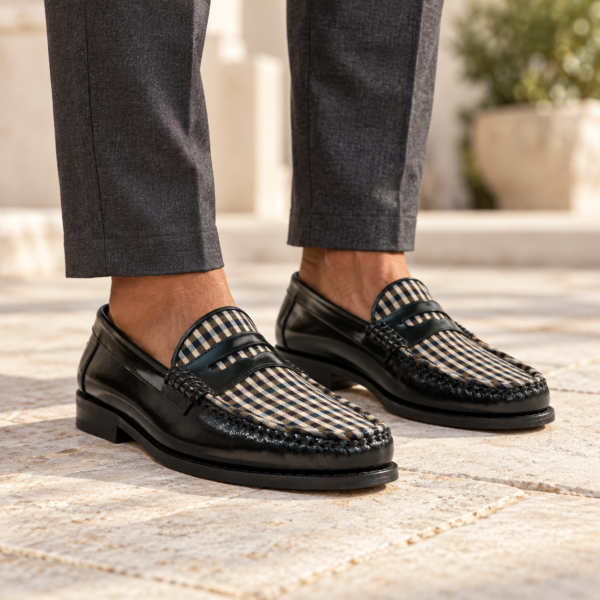 Dakotas Hugh Hi-Shine Moccasins – Black Check Detail - Image 2