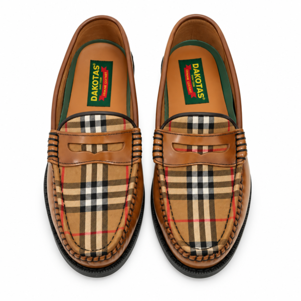 Dakotas Hugh Hi-Shine Moccasins – Tan Check Detail - Image 3