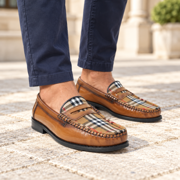 Dakotas Hugh Hi-Shine Moccasins – Tan Check Detail - Image 2